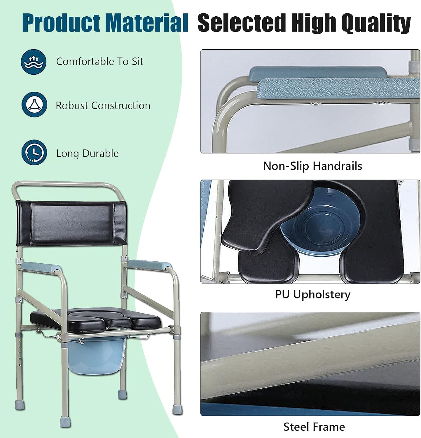 Stand Alone Raised Toilet Seat 330lbs - Heavy Duty Medical Homecare Commode Chair, Height Adjustable Legs, Bathroom Assist Frame for Elderly