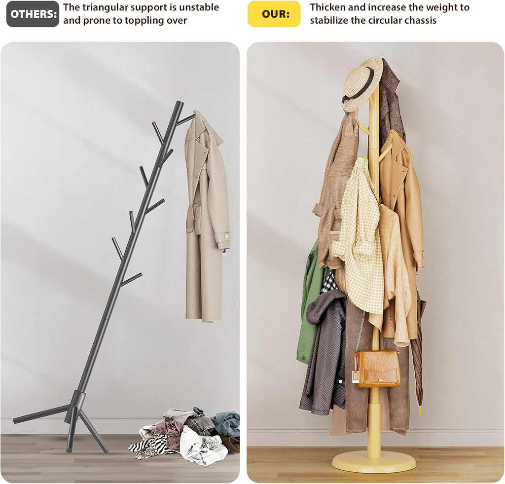 Taitiy Solid Wood Coat Rack Freestanding Coat Tree with 10 Hooks for Bedroom, Livingroom, Entryway, Sturdy Coat Hanger Stand for Hats, Coats, Scarves, Handbags, Purses