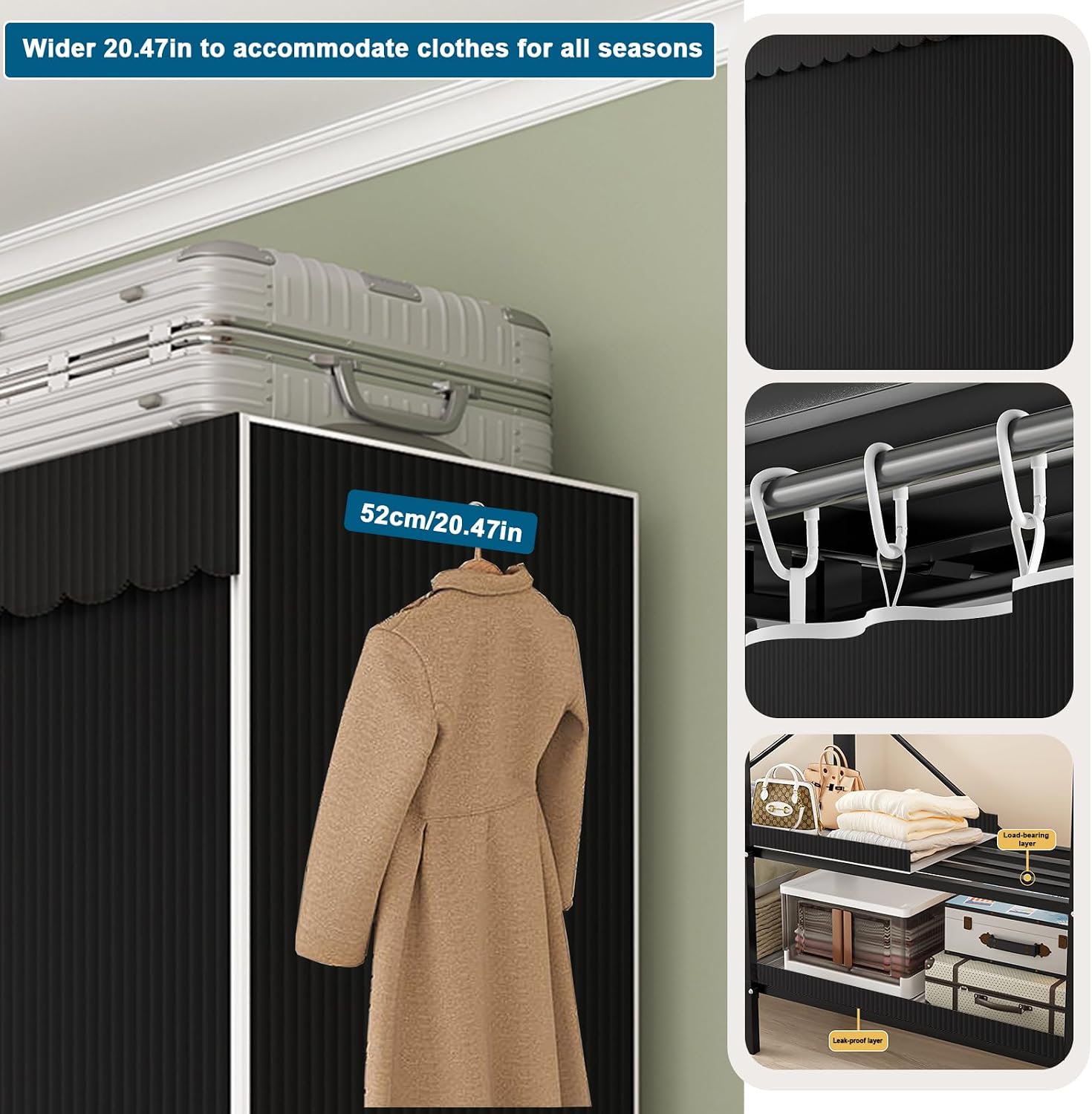 FPIGSHS Heavy Duty Clothes Rack with Cover Foldable Covered Clothes Rack for Hanging Clothes portable Wardrobe Closet System Freestanding Coat Storage Garment Racks for bedroom (black, 49.2in)