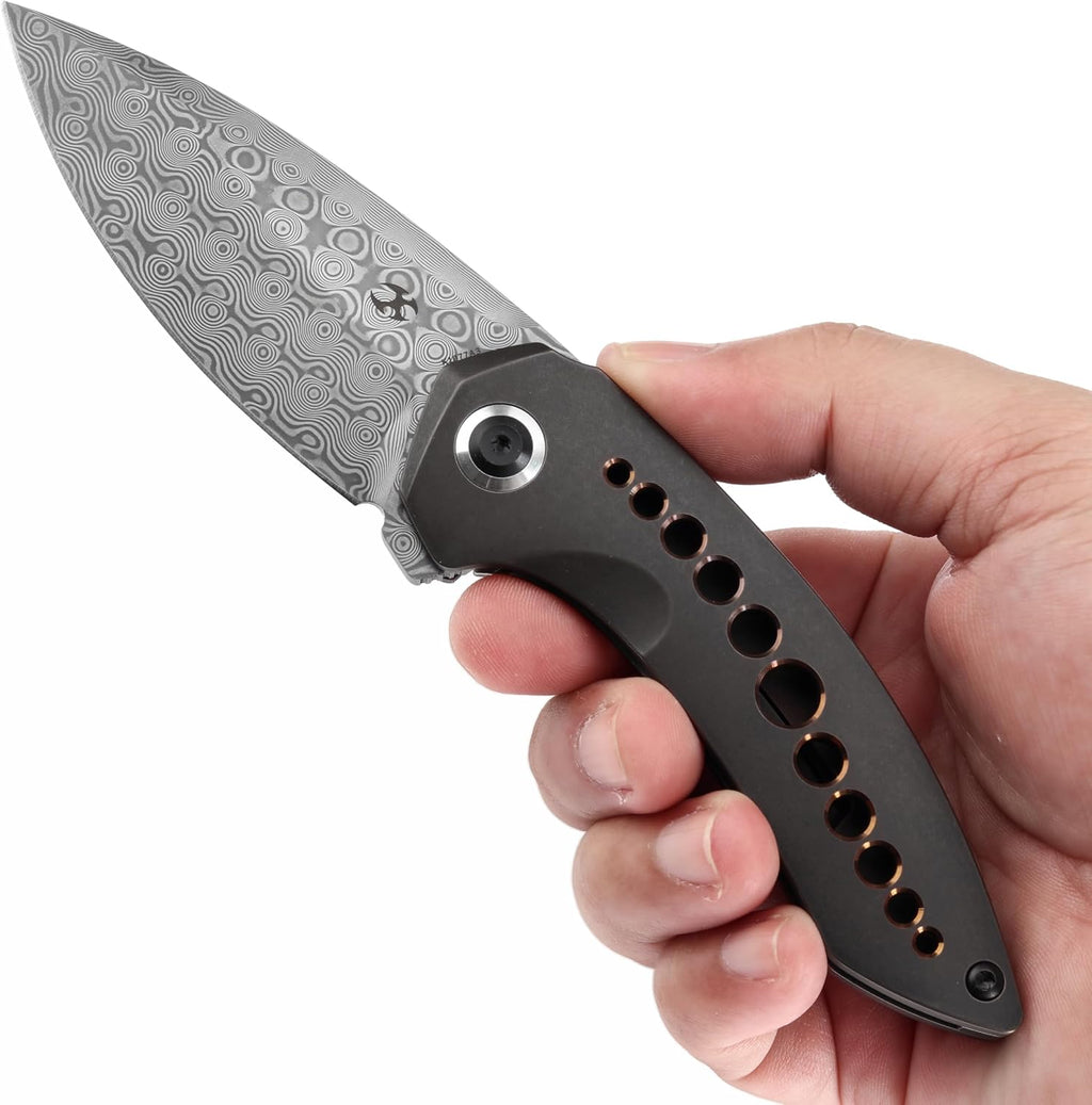 KANSEPT ODD 21 Pocket Folding Knives for Camping Hiking Folding Knife 3.06'' Damascus Blade EDC Knife with Blackwash Titanium with Bronze Anodized Handle for Men and Women Everyday Carry K1077A3