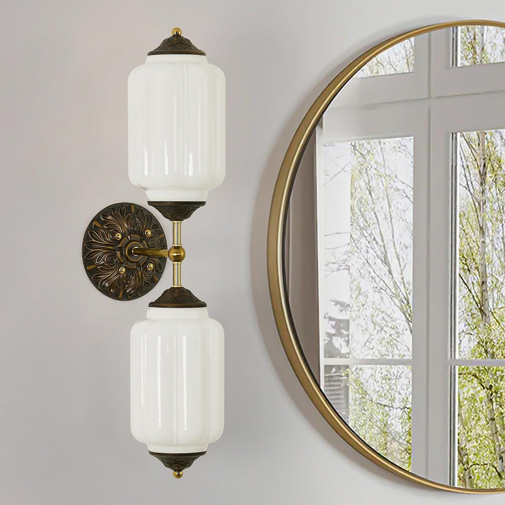 Vintage Milk Glass Bathroom Wall Sconce - 25' Mid Century Dimmable Vanity Light with Bulb - Vertical or Horizontal Mounted Sconces - Modern Brass Gold Lighting Fixture for Indoor Bedroom Hallway Decor