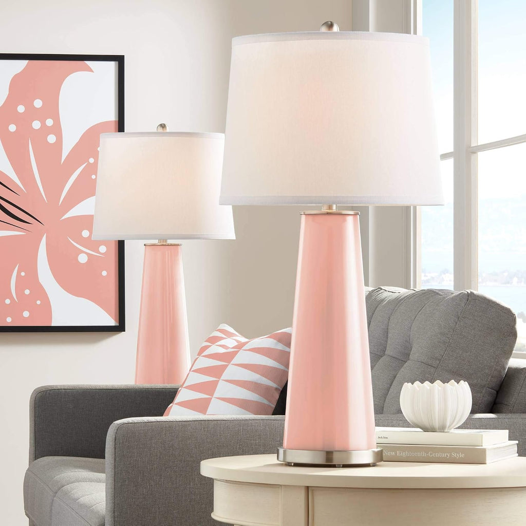 Color + Plus Leo Modern Table Lamps 29 1/2' Tall Set of 2 Mellow Coral Glass Tapered Column Plain White Drum Shade Decor for Bedroom Living Room House Home Bedside Nightstand Office Family