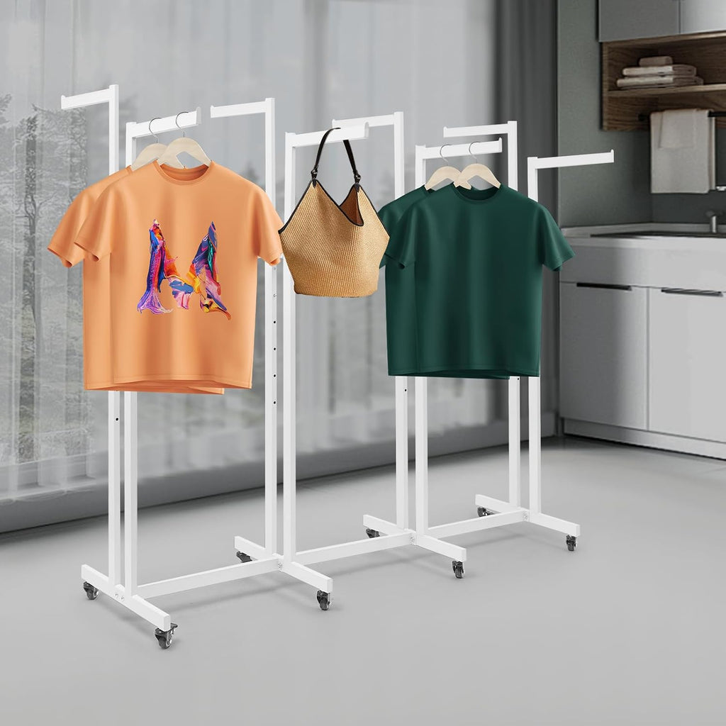 Floor Standing Metal Garment Rack, 8 Arms Clothing Display Rack Heavy Retail Display Racks With Wheels, 3.81 to 5.25Ft Adjustable Height Retail Clothing Rack for Hanging Clothes Heavy Duty