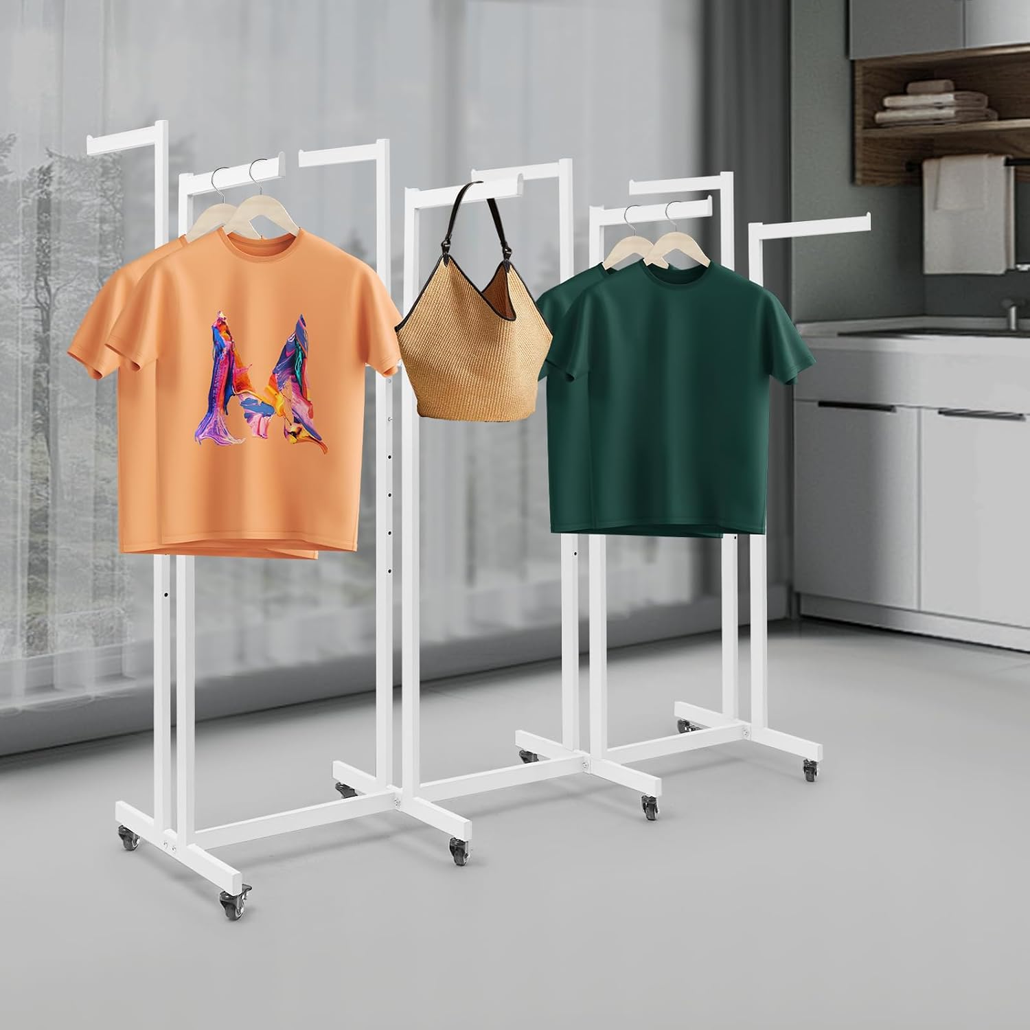Floor Standing Metal Garment Rack, 8 Arms Clothing Display Rack Heavy Retail Display Racks With Wheels, 3.81 to 5.25Ft Adjustable Height Retail Clothing Rack for Hanging Clothes Heavy Duty