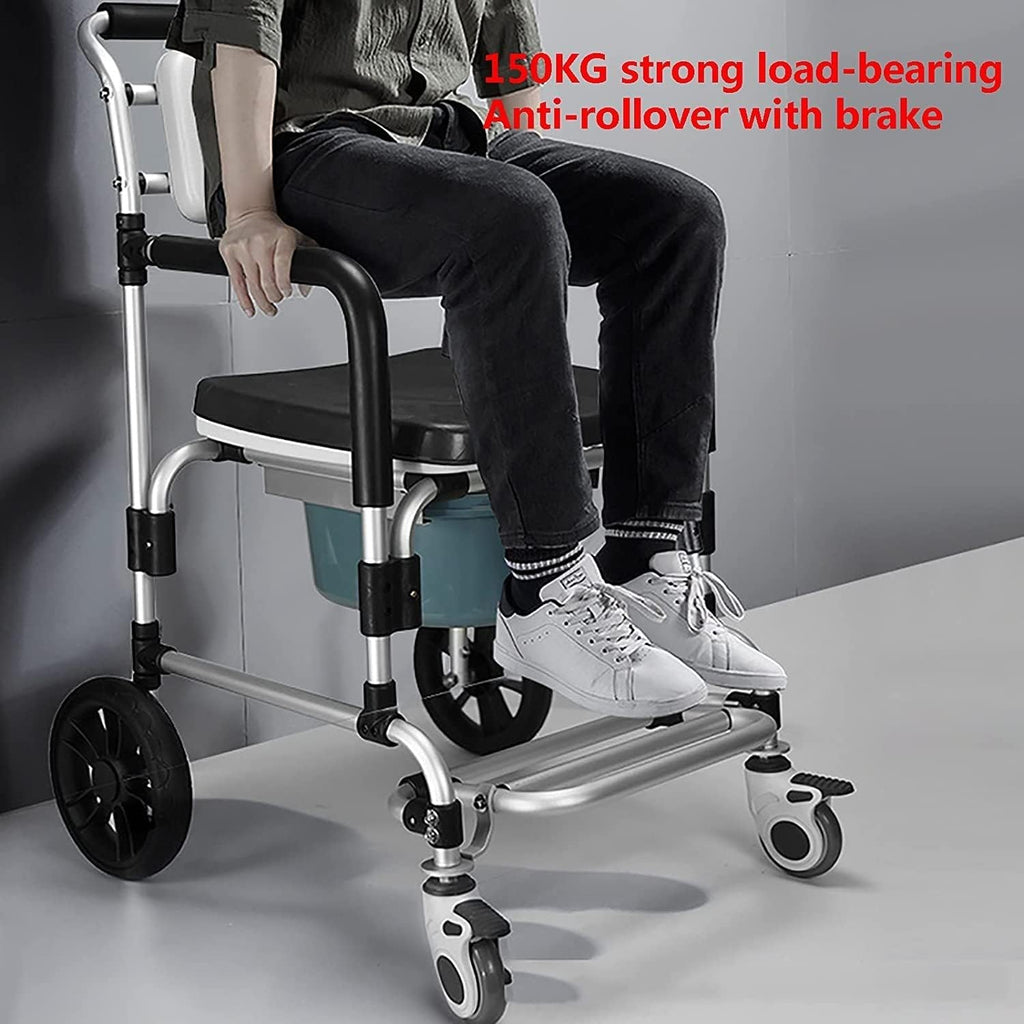Commode Wheelchair, Shower Chair, Commode Chair, Bedside Commode, Toilet Seat Shower Transport Chair, 4 in 1 Portable Aluminum Bath Chair for Elderly, Seniors, Disabled, Pregnant