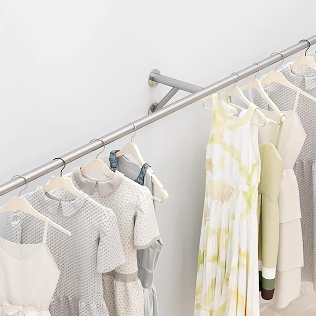 Stainless Steel Wall Mounted Clothes Rail 160cm Space Saving Garment Hanging Rack for Retail Store Display Silver Pipe Clothing Rack (150cm