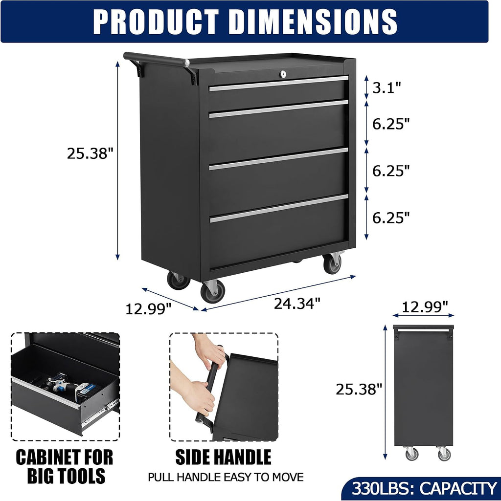 24' Heavy-Duty Rolling Tool Cabinet, 4-Drawer Lockable Steel Tool Chest with 4 Locking Wheels & Reinforced Frame, High Weight Capacity Organizer for Garage, Workshop, and Home Use