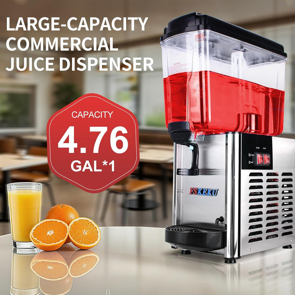 Commercial Beverage Dispenser Single Tank: Commercial Juice Dispenser 18 L/4.8 Gal for Parties - 46℉ to 59℉ Stainless Steel Cold Drink Dispensers for Cafeterias Bar Hotel Parties