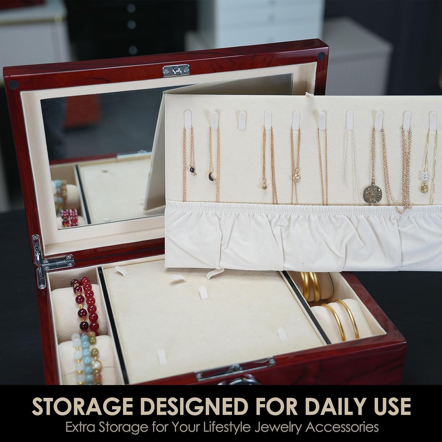 Wood Jewelry Box for Women, 3-layers Large Jewelry Storage Box&Organizer Fingerprint Lock, Drawers Full Locking, Mother Gifts (3L-RS)