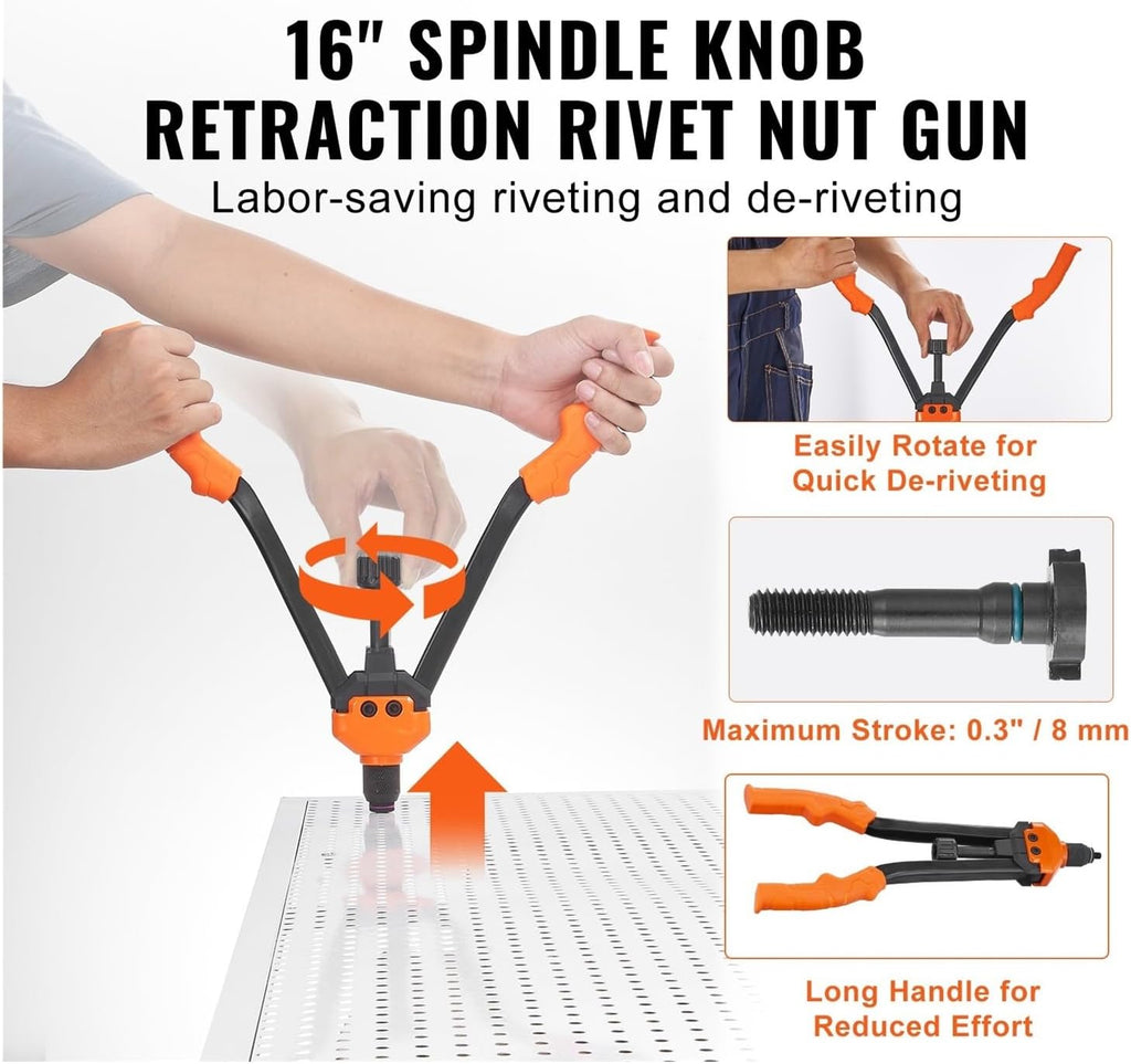 16' Rivet Nut Tool, Labor-Saving Rivnut Tool Kit with 13PCS Metric SAE Mandrels, 186PCS Rivet Nuts, with Carrying Case