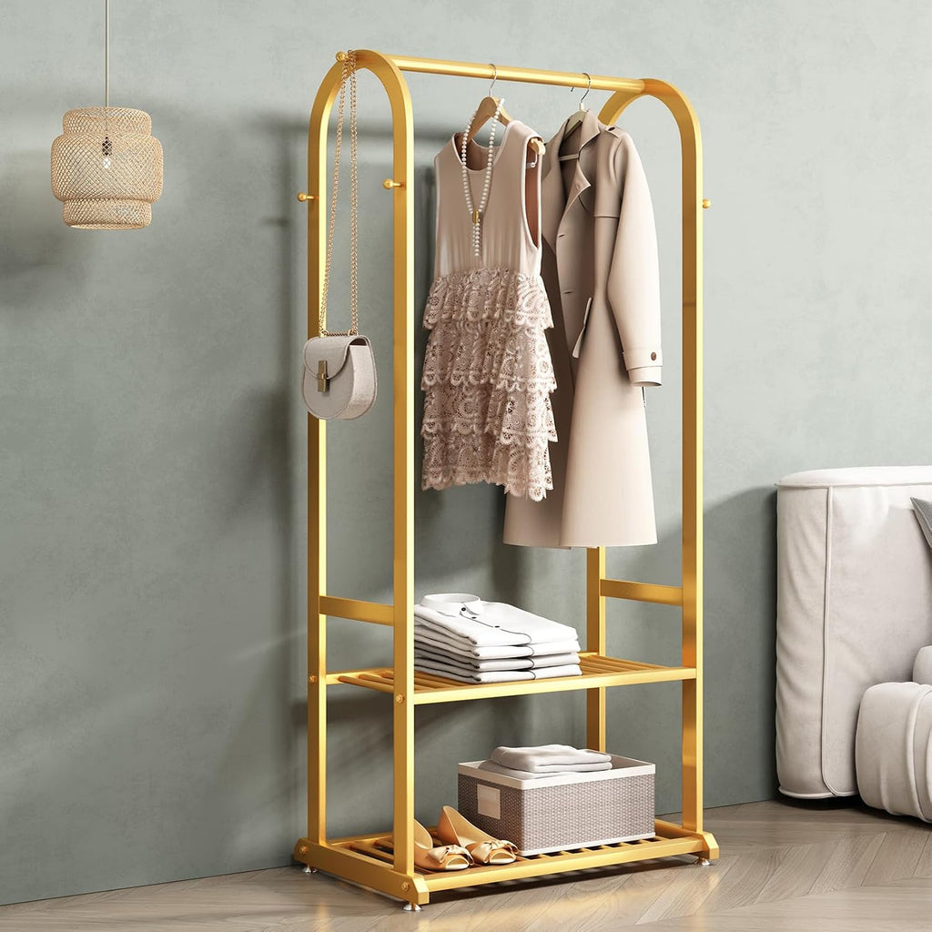 Gold Clothing Rack,Metal Garment Rack with Bottom Storage Shelves and 6 Side Hooks,modern Sturdy clothes racks for hanging clothes,Freestanding Wardrobe Rack for Bedroom or Boutique (L:23.6in)