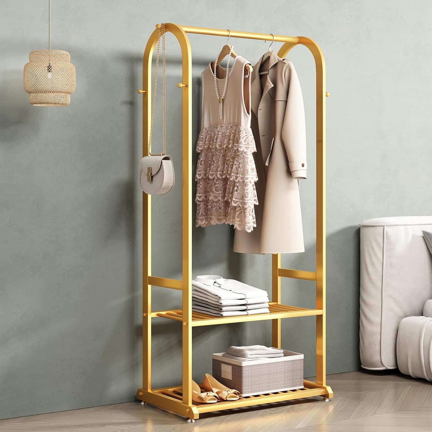 Gold Clothing Rack,Metal Garment Rack with Bottom Storage Shelves and 6 Side Hooks,modern Sturdy clothes racks for hanging clothes,Freestanding Wardrobe Rack for Bedroom or Boutique (L:23.6in)