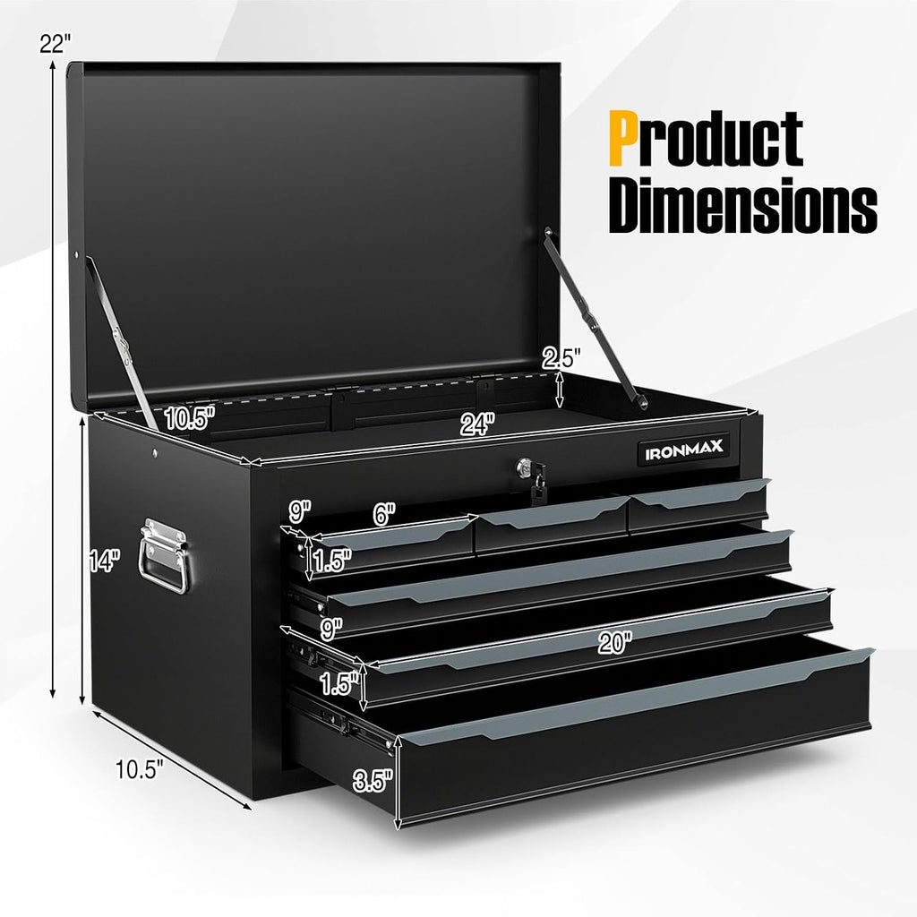 IRONMAX Small Tool Box, 24' Lockable Steel Toolbox with 6 Drawers & Top Tray, Heavy Duty Tool Chest Cabinet Storage Organizer for Garage, Workshop, Repair Shop, Warehouse (Black)
