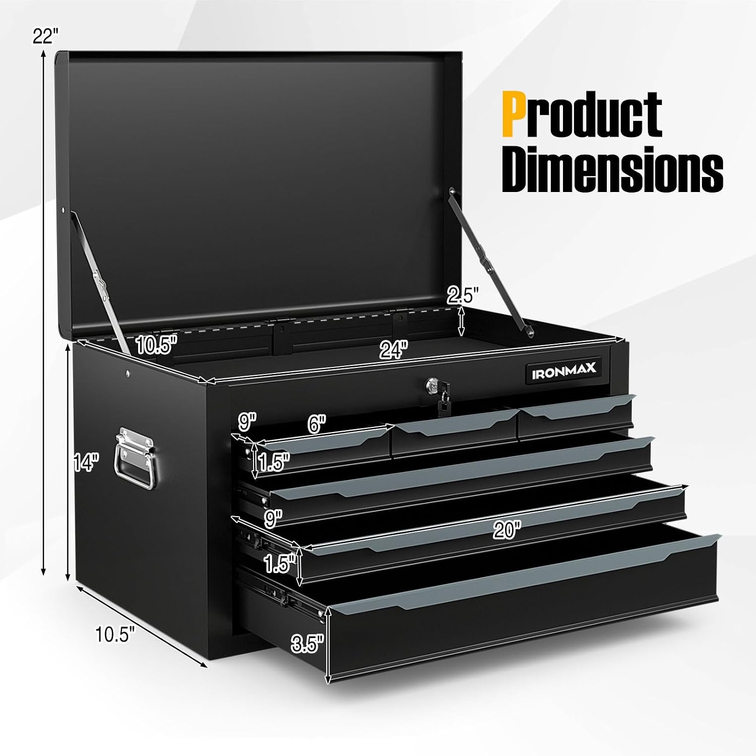 IRONMAX Small Tool Box, 24' Lockable Steel Toolbox with 6 Drawers & Top Tray, Heavy Duty Tool Chest Cabinet Storage Organizer for Garage, Workshop, Repair Shop, Warehouse (Black)
