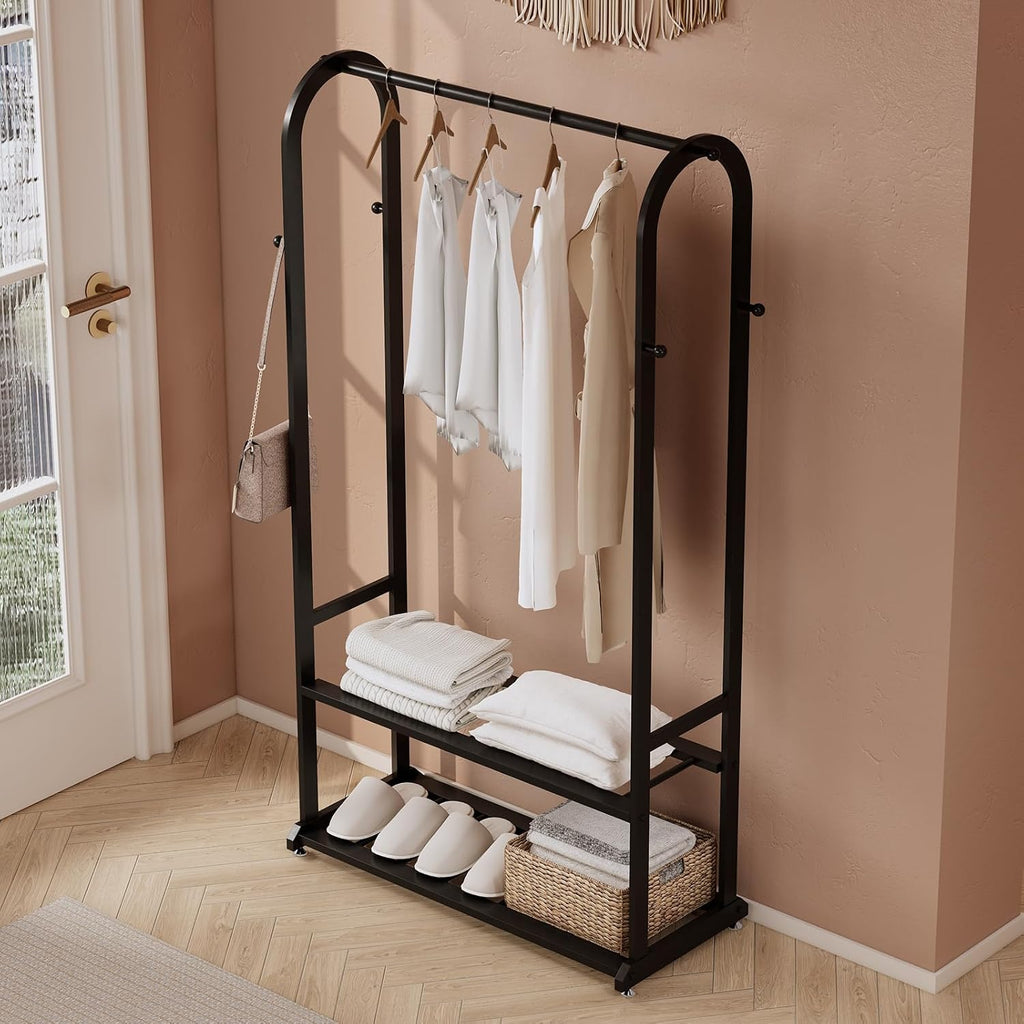 Freestanding Clothes Rack,Sturdy Metal Garment Racks for Hanging Clothes,Black Clothing Racks with bottom shelves & 6 Hooks,Multi-Functional Wardrobe Rack for Bedroom or Closet