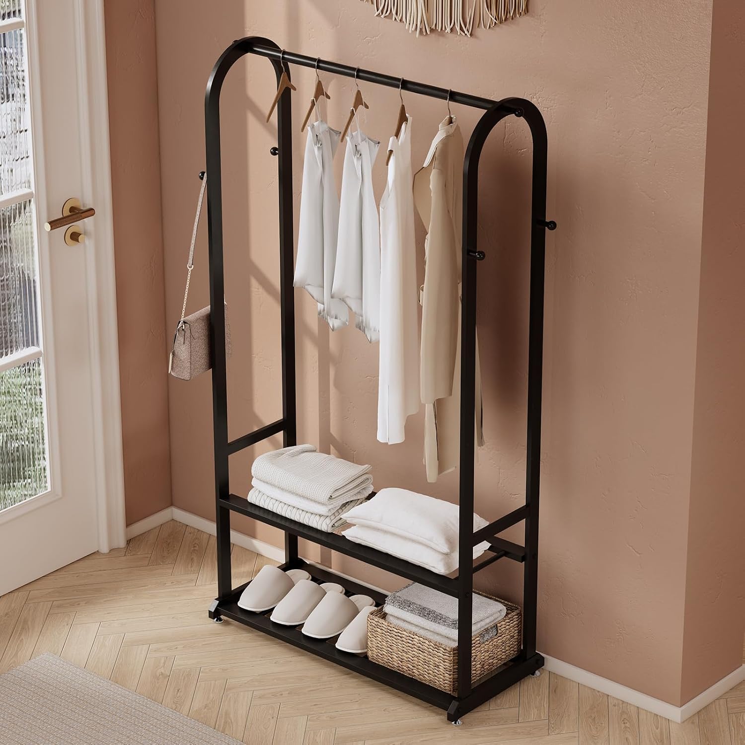 Freestanding Clothes Rack,Sturdy Metal Garment Racks for Hanging Clothes,Black Clothing Racks with bottom shelves & 6 Hooks,Multi-Functional Wardrobe Rack for Bedroom or Closet