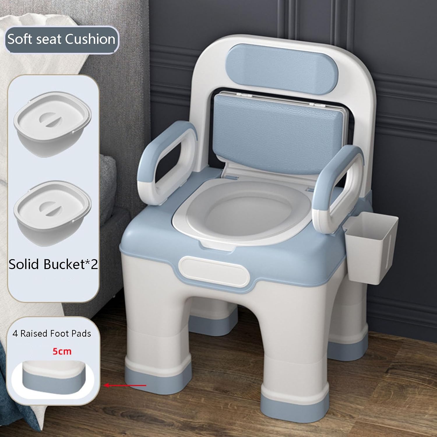 Raised Toilet Seat with Handles, Elevated Handicap Toilet Seat Riser for Seniors with Soft Padded, Height Adjustable, Stand Alone Toilet Safety Frame, Fit Any Toilet, Blue, PP Material