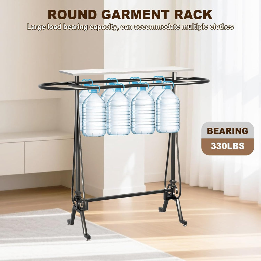 Round Garment Rack, Floor Standing Clothes Retail Display Stand, Oval Iron Clothing Rack with Wooden Topper, Suitable for Boutique Home Commercial Shop (White)