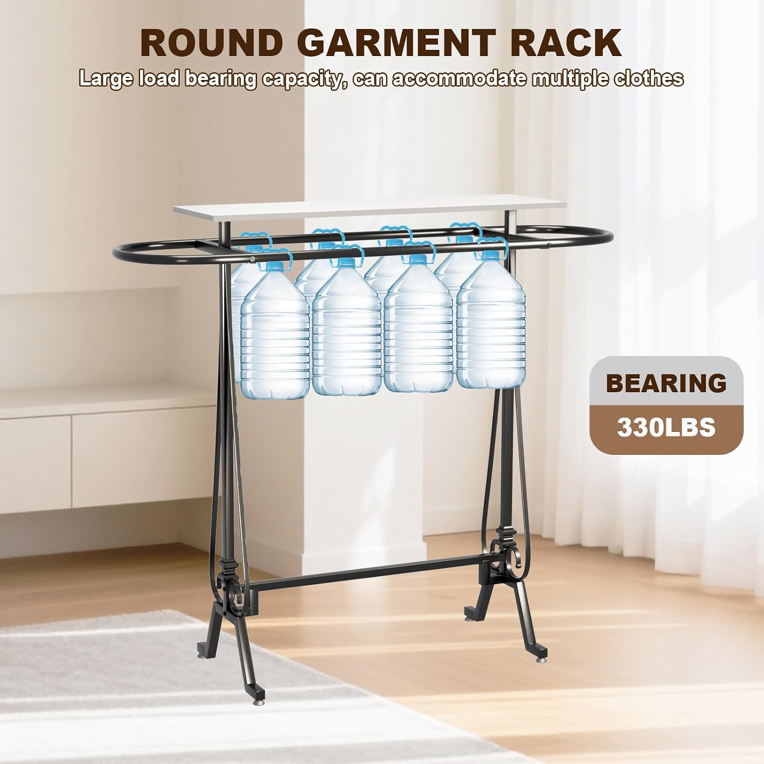 Round Garment Rack, Floor Standing Clothes Retail Display Stand, Oval Iron Clothing Rack with Wooden Topper, Suitable for Boutique Home Commercial Shop (White)