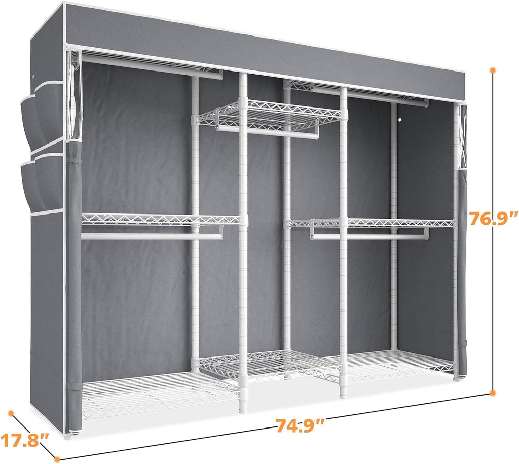 Raybee Clothing Rack with Cover Heavy Duty Clothes Rack with Shelves,Portable, Adjustable,Metal,Max Load 900lbs,White