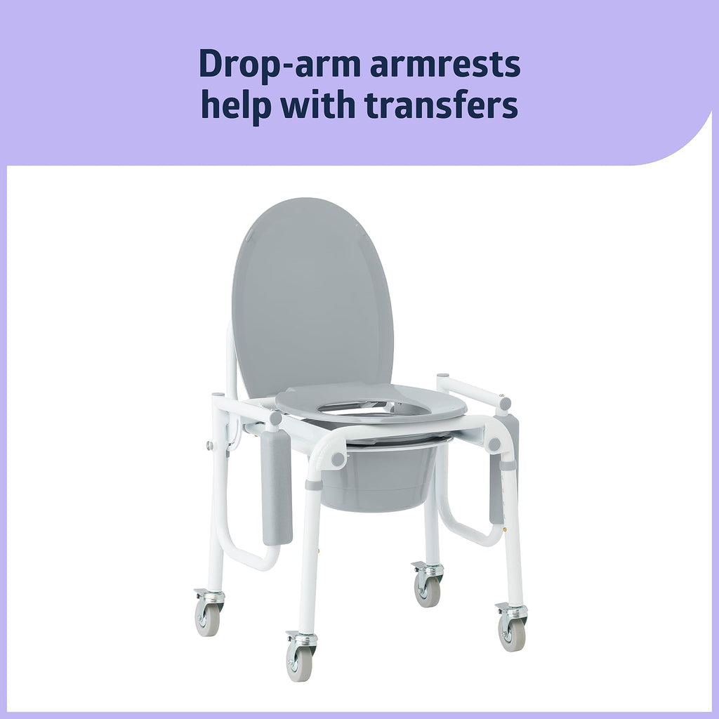 Medline Aluminum Drop-Arm Bathroom Chair Commode with 4 Locking Casters, 300 lbs. Capacity, for Restroom, Elderly, Adults, Bariatric & Wheelchair Transfer to Toilet