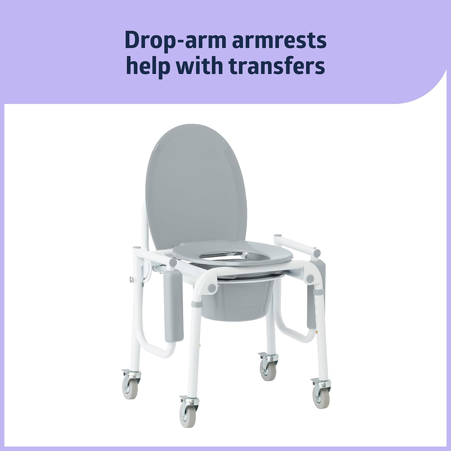 Medline Aluminum Drop-Arm Bathroom Chair Commode with 4 Locking Casters, 300 lbs. Capacity, for Restroom, Elderly, Adults, Bariatric & Wheelchair Transfer to Toilet