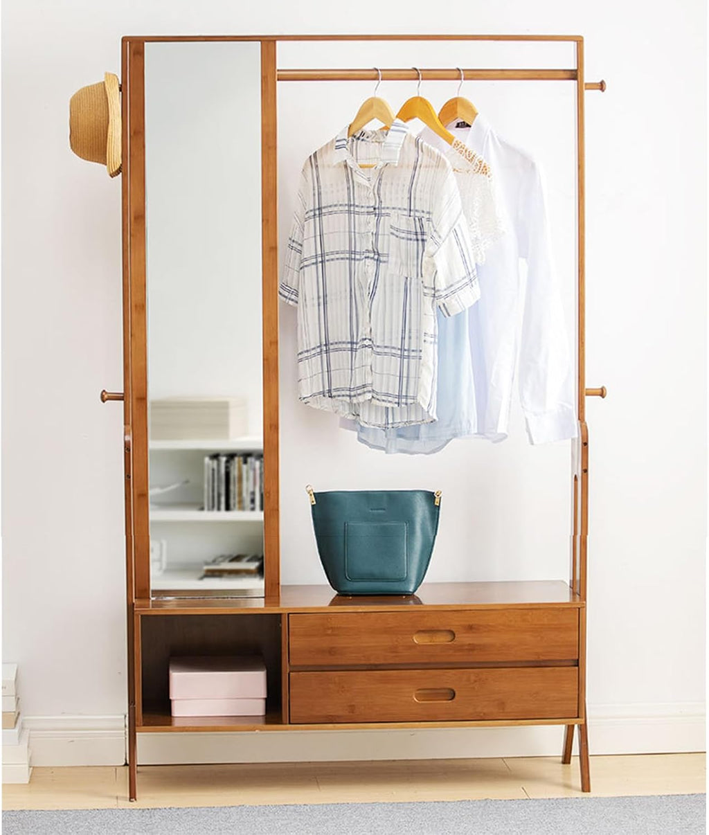 Bamboo Garment Rack with Mirror and Drawer,Floor Standing Closet Organizers,Coat Rack,Open Wardrobe for Entryway Bedroom Livingroom