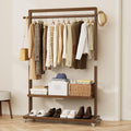 Solid Wood Clothes Rack with Wheels | 3-in-1 Freestanding Garment Rack & Coat Tree, Extra-Long Rod, Two Shelves, 220 lb Load | Organizer for Bedroom & Entryway