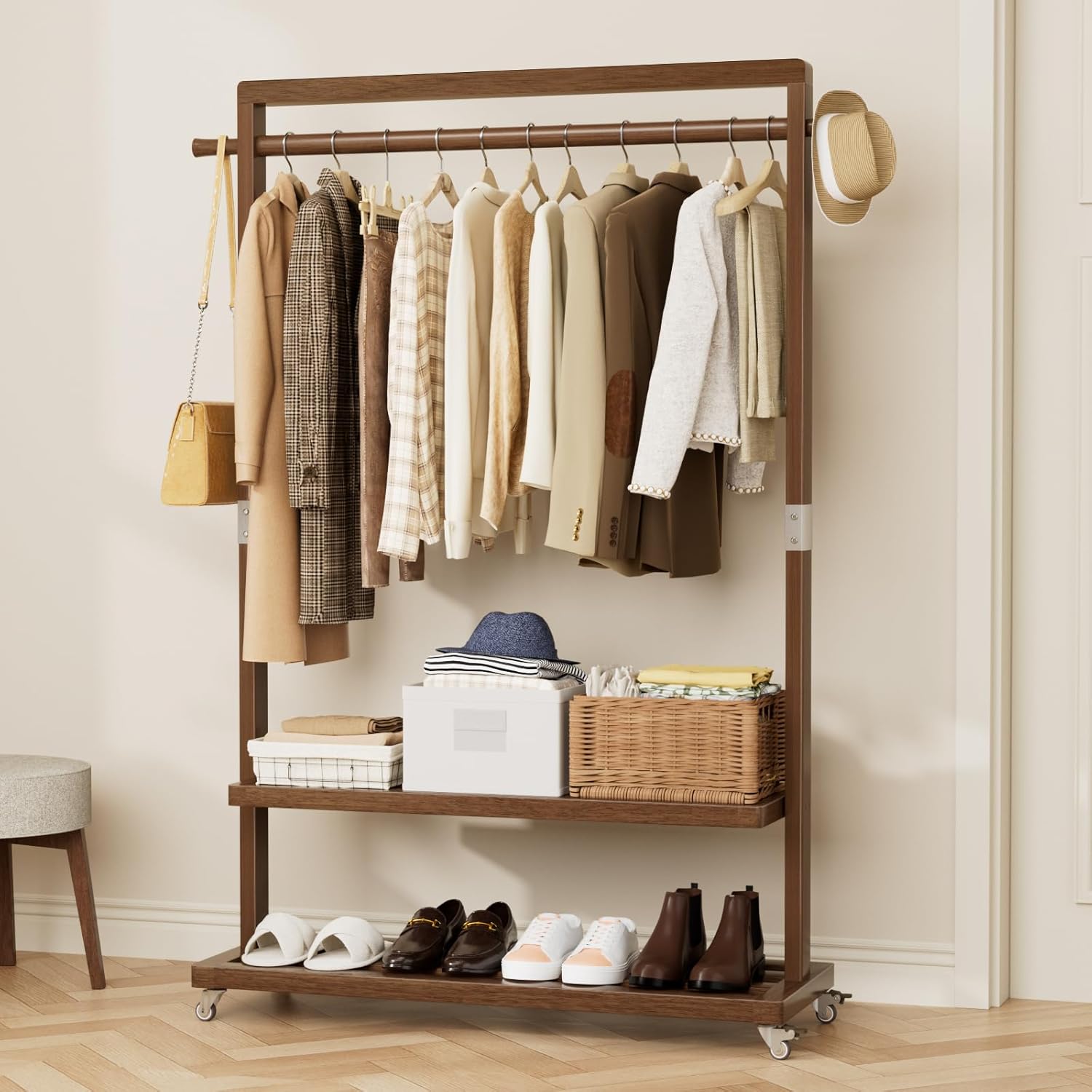 Solid Wood Clothes Rack with Wheels | 3-in-1 Freestanding Garment Rack & Coat Tree, Extra-Long Rod, Two Shelves, 220 lb Load | Organizer for Bedroom & Entryway