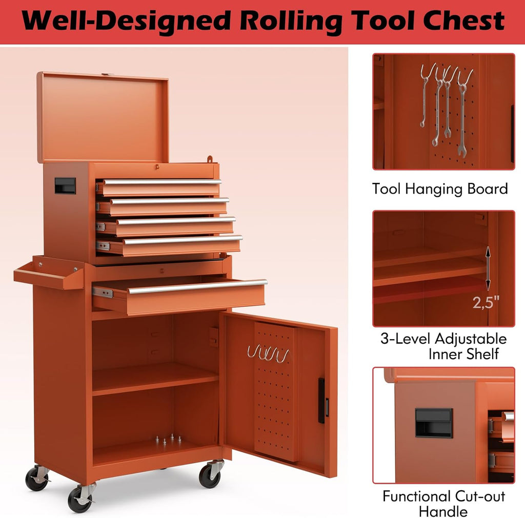 IRONMAX 5-Drawer Rolling Tool Chest, 2-in-1 Detachable Heavy Duty Tool Box Storage Cabinet with Auto Lock, Adjustable Shelf & Hooks, Metal Toolbox on Wheels for Garage Workshop (Orange)