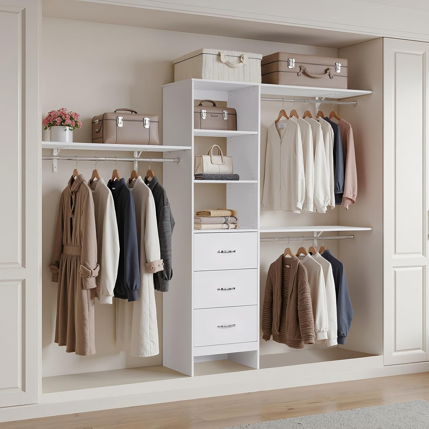 VEVOR Closet System with 3 Drawers, Adjustable Height Wooden Closet Organizers, Modern Walk-in Wardrobe Organization with 3 Retractable Clothes Hanger Rods, Freestanding Garment Rack Storage, White