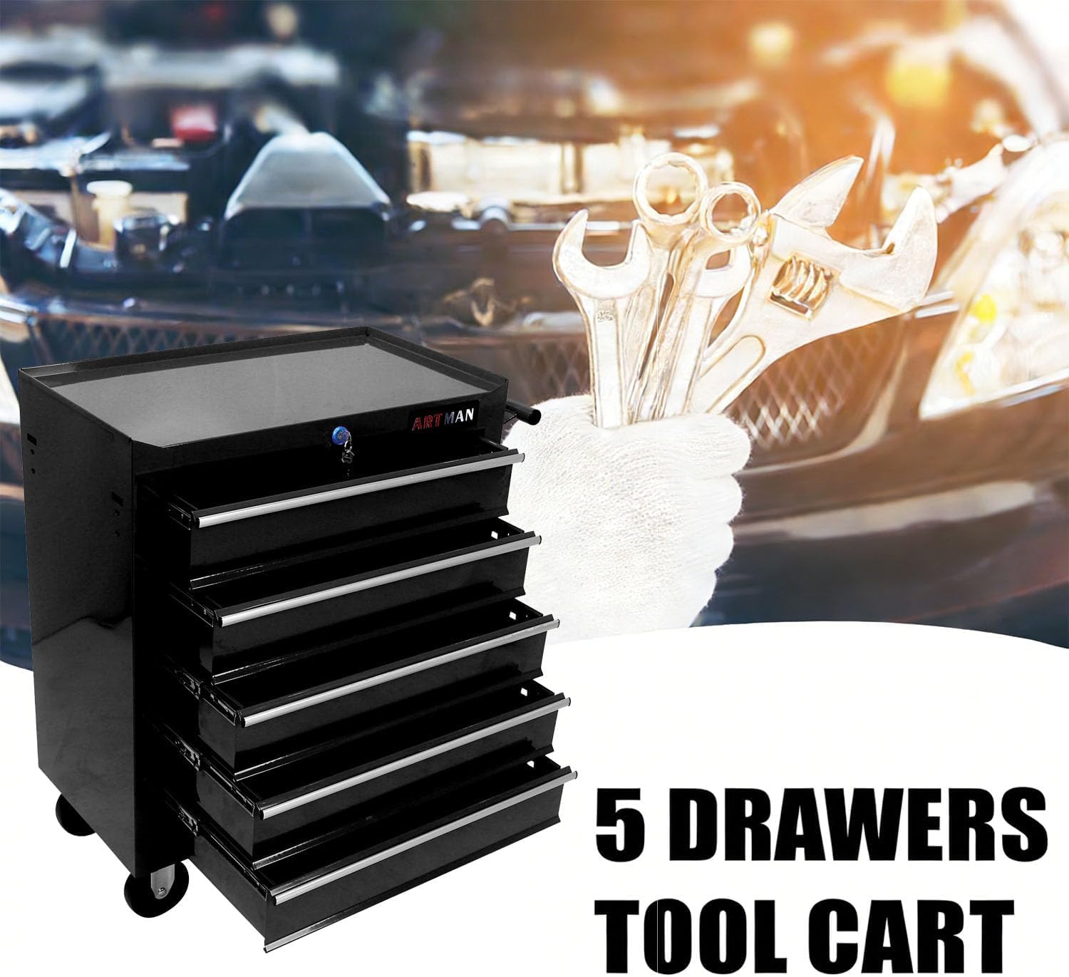 5-Drawer Tool Cart on Wheels, Drawers Rolling Tool Chest with Key Lock, Mobile Trolley Organizer Tools Box with Locking Wheels & Ball Bearing Drawers for Garage,Repair Shop,Warehouse (Black)