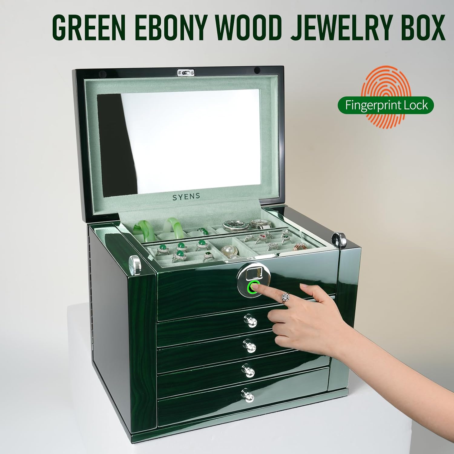 Wood Jewelry Box with Fingerprint Lock, Large Jewelry Organizer Storage Chest with Drawer, Locking Jewelry Box for Women, Mens Jewelry Organizers (5L-GR)
