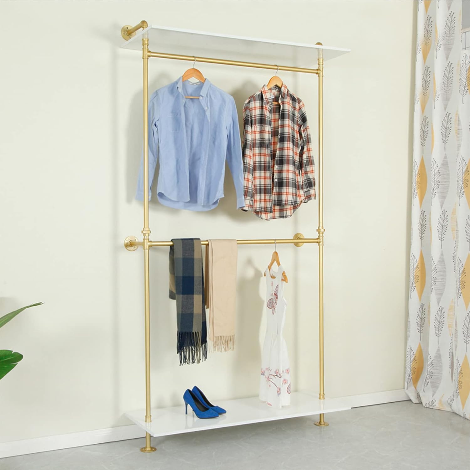 Industrial Clothing Store 2-Tier Pipe and Wood Garment Rack,Wall Mounted Storage Clothes Shoe Bag Hanging Shelves,Retail Shop Clothes Display Stands (Gold, One Pipe Shlef, 47.2' L)