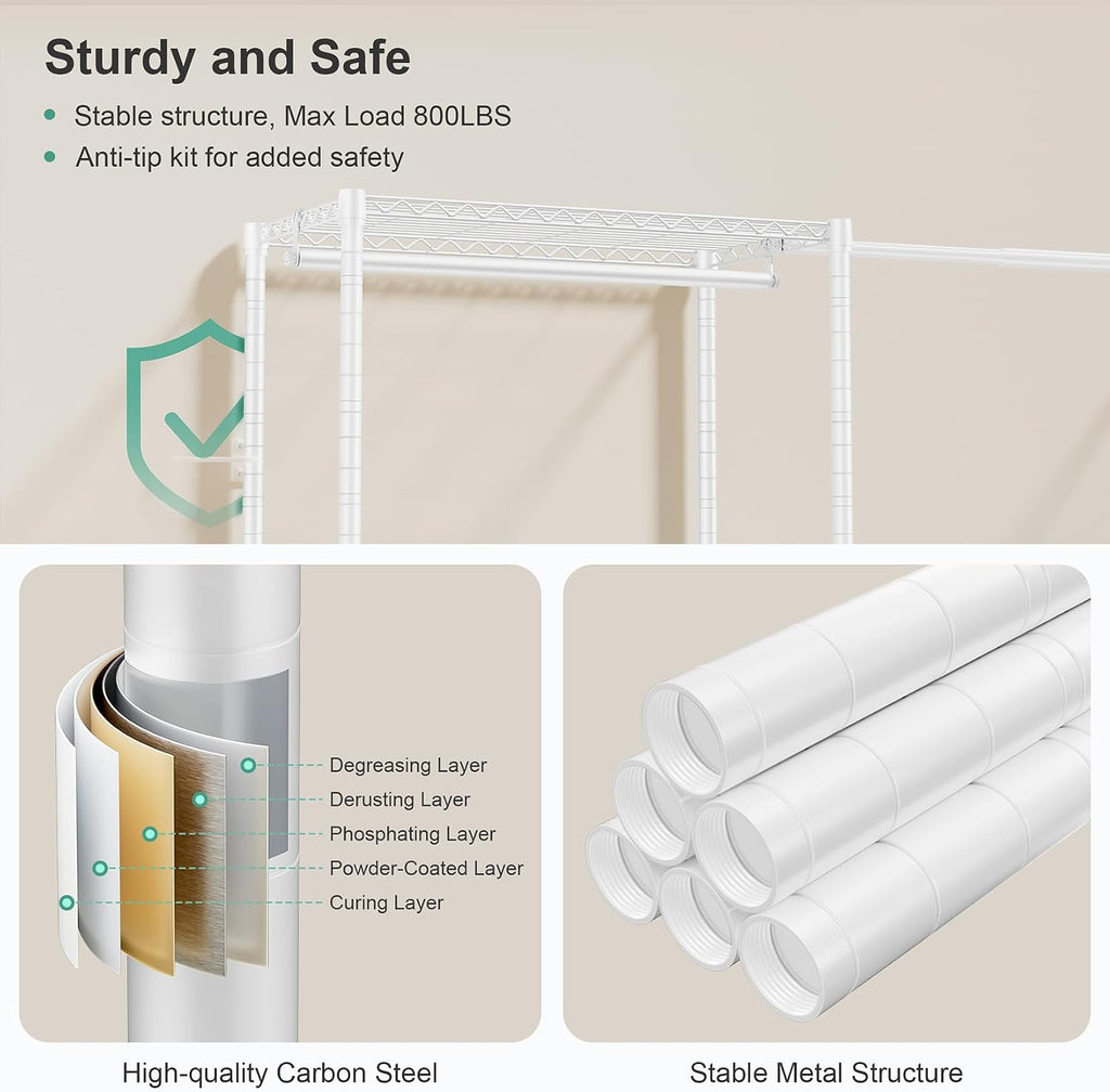 SEMHOR E01 Expandable Heavy Duty Clothes Rack, Free Standing Closet System Organizer, Adjustable Portable Carbon Steel Garment & Clothing Racks for Hanging Clothes (72.5-96'), 800LBS Max Load, White