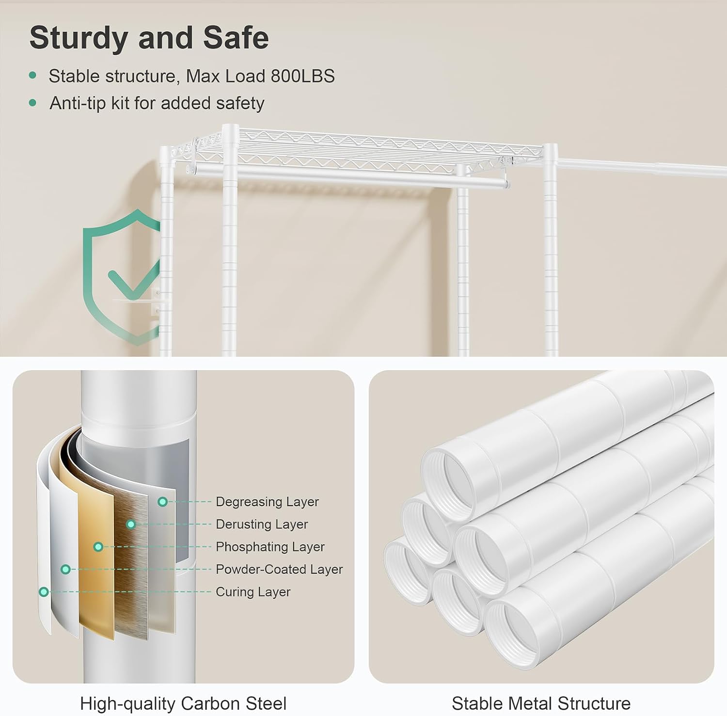SEMHOR E01 Expandable Heavy Duty Clothes Rack, Free Standing Closet System Organizer, Adjustable Portable Carbon Steel Garment & Clothing Racks for Hanging Clothes (72.5-96'), 800LBS Max Load, White