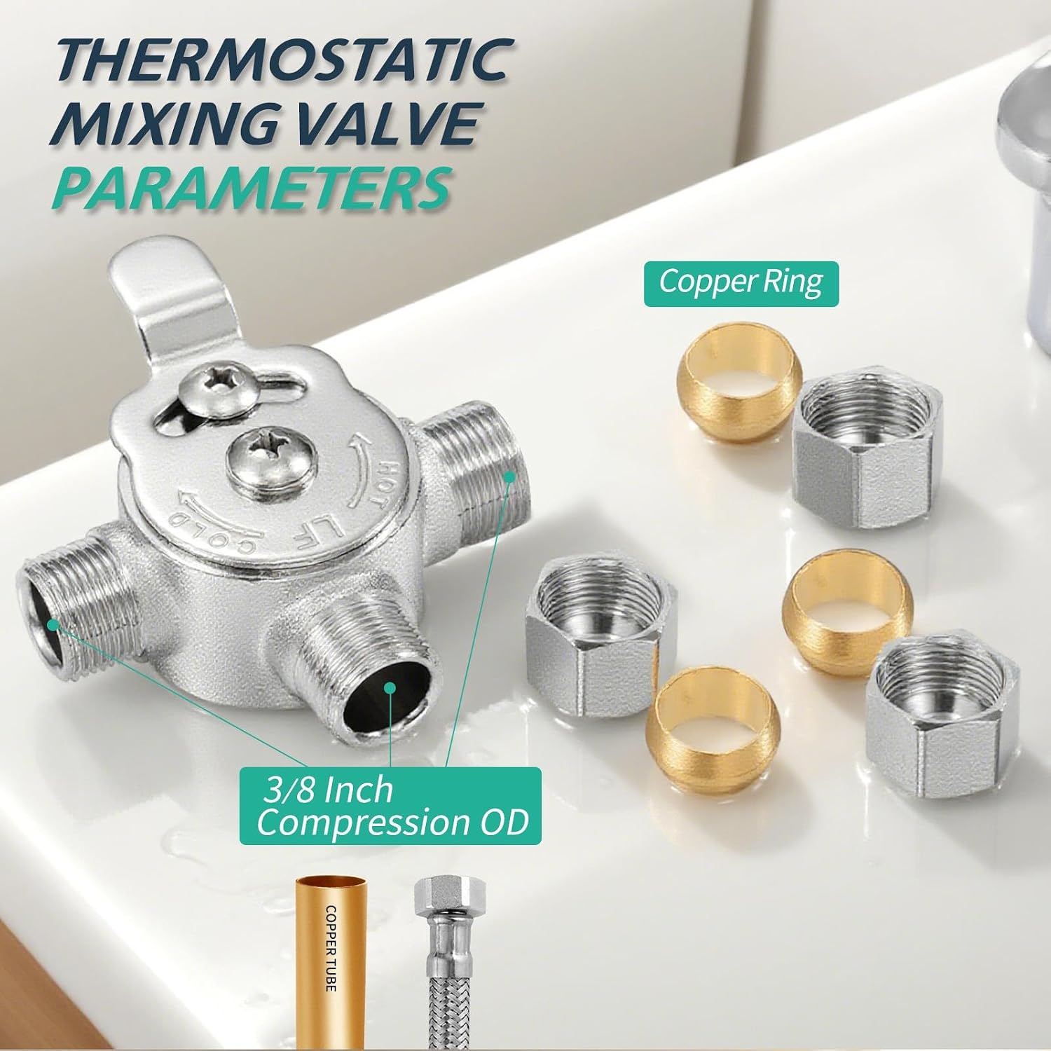 10 PCS Below Deck Mixing Valve,3/8' Compression LF Brass Body,Thermostatic mixing valve for hot and cold water,Compression Sleeve and Nuts Included.