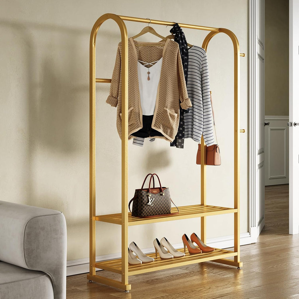 Gold Clothing Rack with 2 Shelves and Side Hooks,Freestanding Metal Garment Rack for Hanging Clothes,Heavy Duty Clothes Rack with Shoe Storage,Modern Clothing Rack for Bedroom,Entryway,Closet