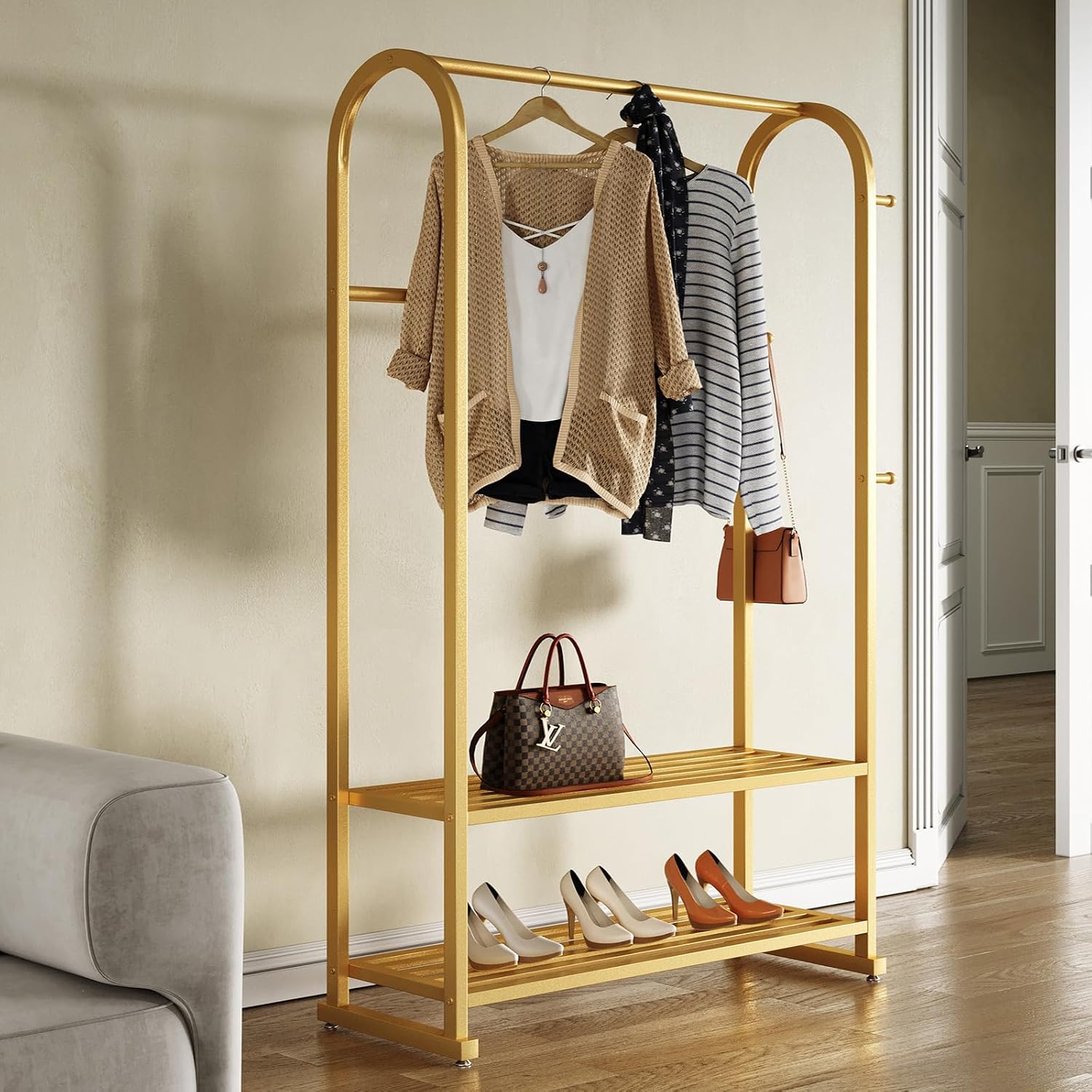 Gold Clothing Rack with 2 Shelves and Side Hooks,Freestanding Metal Garment Rack for Hanging Clothes,Heavy Duty Clothes Rack with Shoe Storage,Modern Clothing Rack for Bedroom,Entryway,Closet
