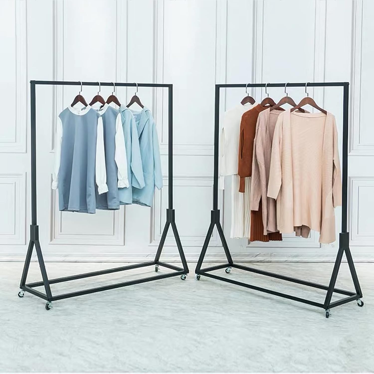 Modern Simple Heavy Duty Metal Rolling Clothing Garment Rack with Wheel,Creative Commercial Wedding Dress Display Shelf,Single Rod Floor-Standing Clothes Hangers (Black without Wood, 47.2' L)
