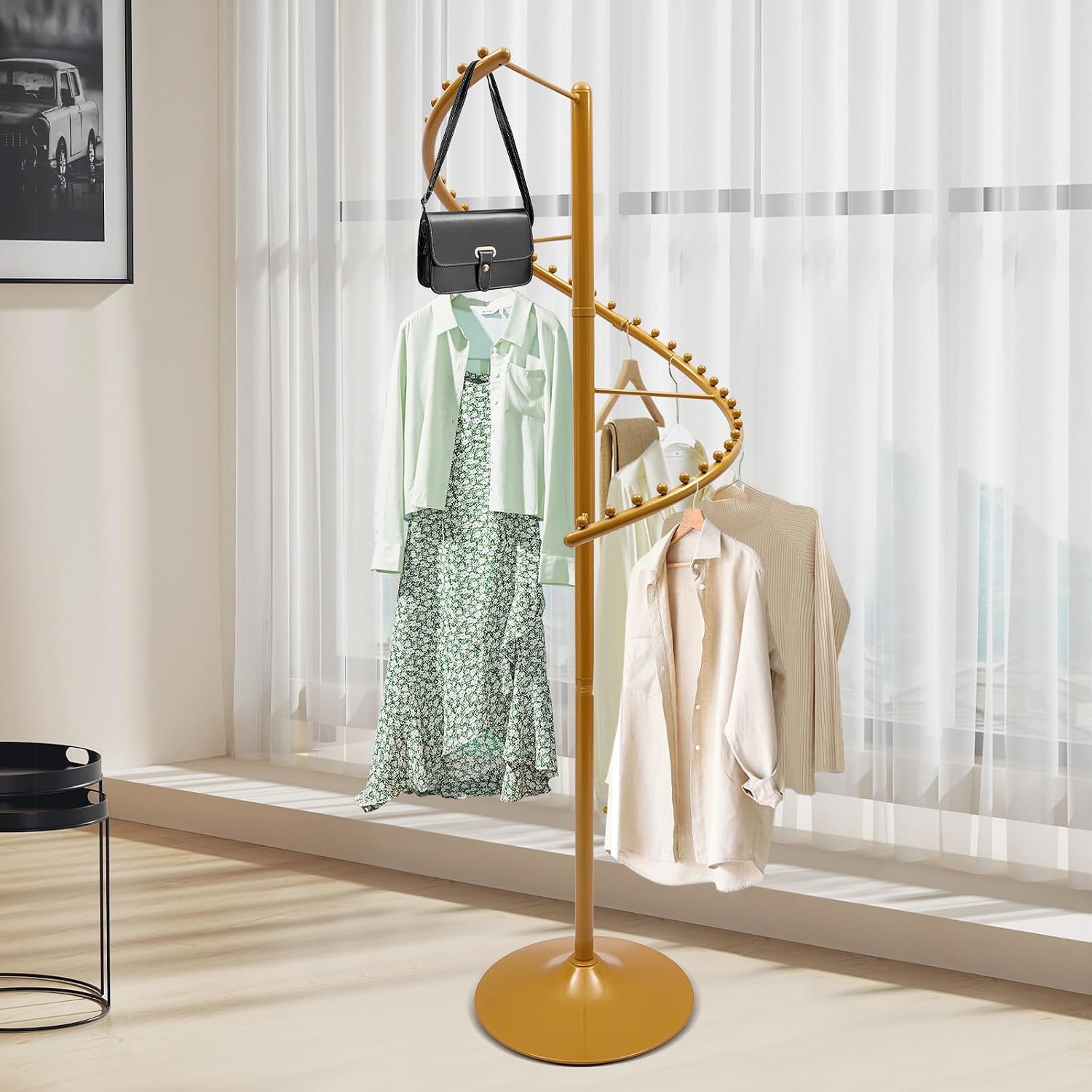 Spiral Rotating Clothing Rack, 5.91ft H 38-Ball Heavy Duty Garment Rack, Space Saving Standing Metal Sturdy Freestanding Hanger for Boutique Bedroom (Gold)