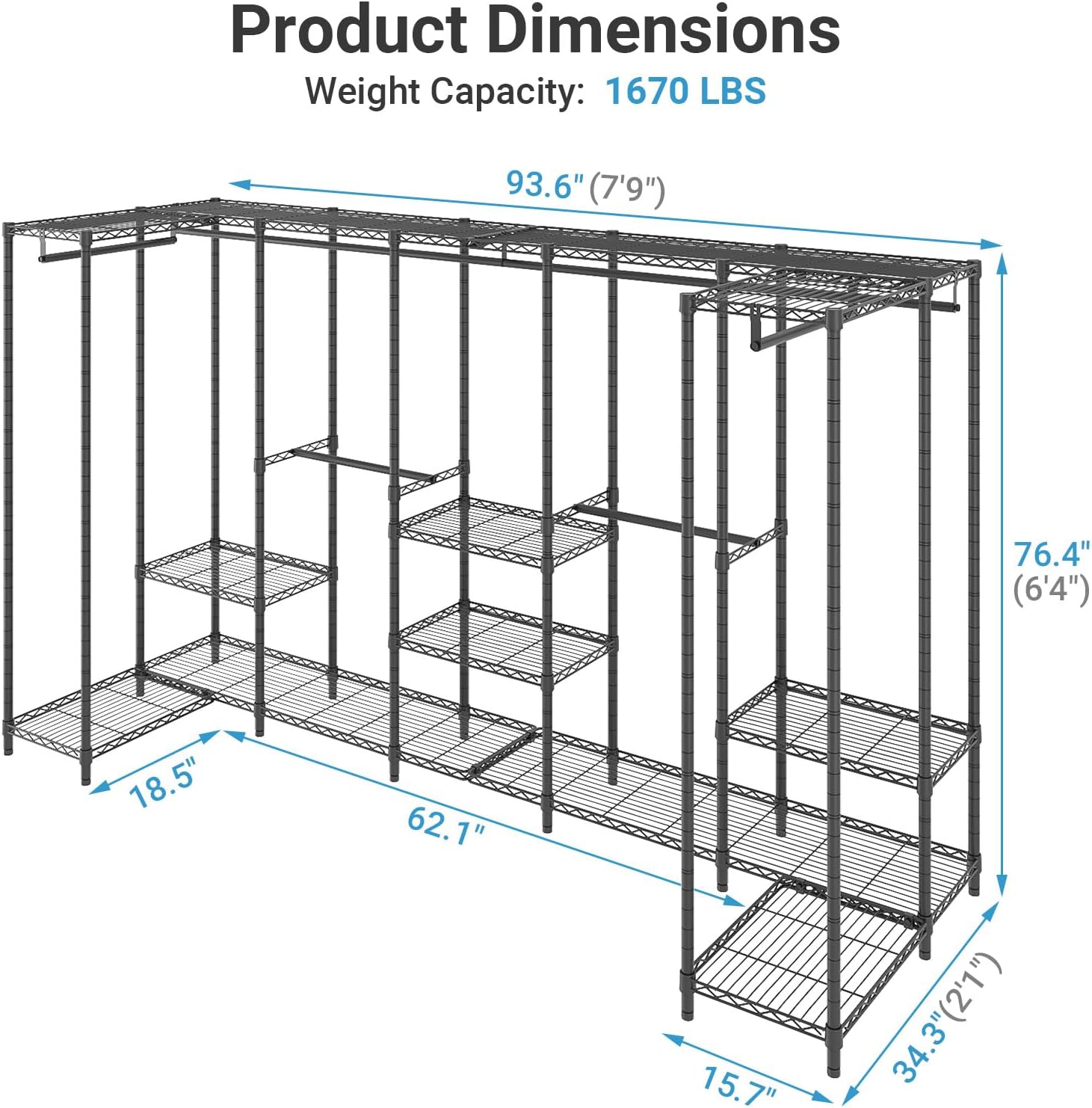 VIPEK U70 Extra Large Heavy Duty Clothes Rack, Freestanding Portable Closet for Bedroom Storage Wardrobe Closet Organizer Wire Clothing Rack for Hanging Clothes, Load 1670lbs, Black