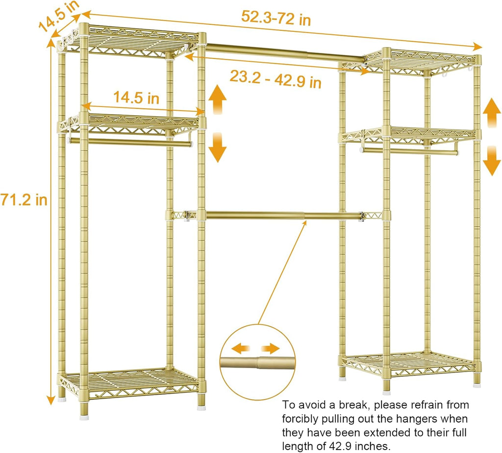 Ulif E7 Garment Rack, Heavy Duty Clothes Storage System with Extendable Hangers Rods, Metal Clothing Rack with 6 Wire Shelves, (52.3'-72') W x 14.5' D x 71.2' H, Load 838lbs, Gold