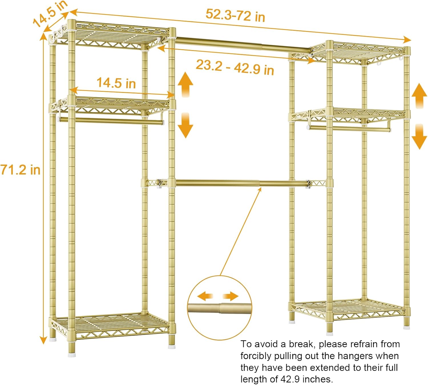 Ulif E7 Garment Rack, Heavy Duty Clothes Storage System with Extendable Hangers Rods, Metal Clothing Rack with 6 Wire Shelves, (52.3'-72') W x 14.5' D x 71.2' H, Load 838lbs, Gold