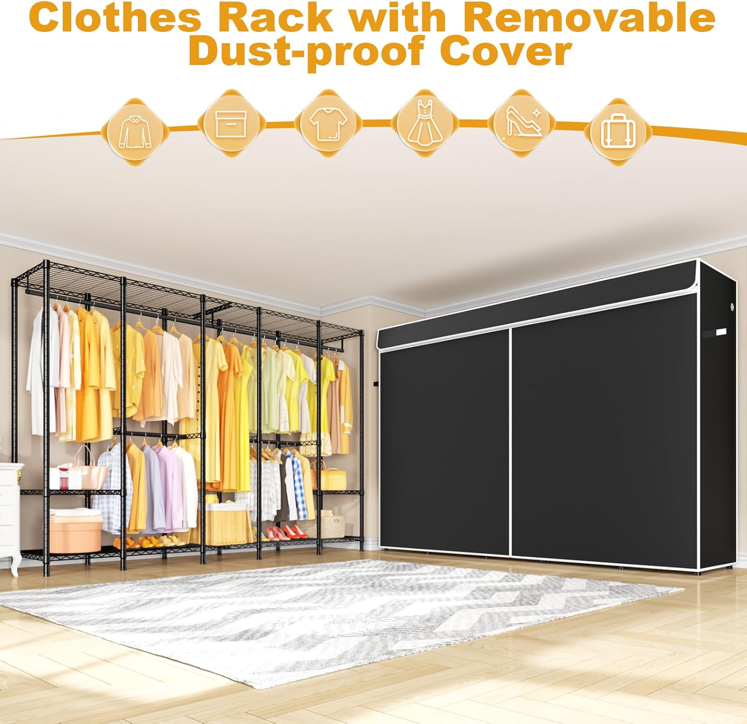 ULIFHOME H50C Extra Large Clothes Rack with Cover, Freestanding Portable Closet, Covered Clothing Racks for Hanging Clothes, Heavy Duty Garment Rack, Wardrobe Closet with Black Cover Max Load 1350 Lbs