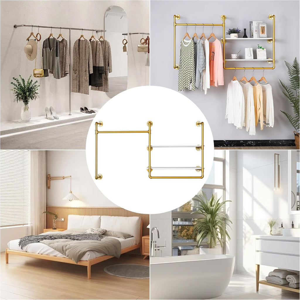 Industrial Pipe Wall-Mounted Clothing Rack with 2 Wood Shelves - Heavy Duty Double Rod Metal Garment Organizer for Bedroom/Retail Stores, Gold (30H×12.5D×59W inch)