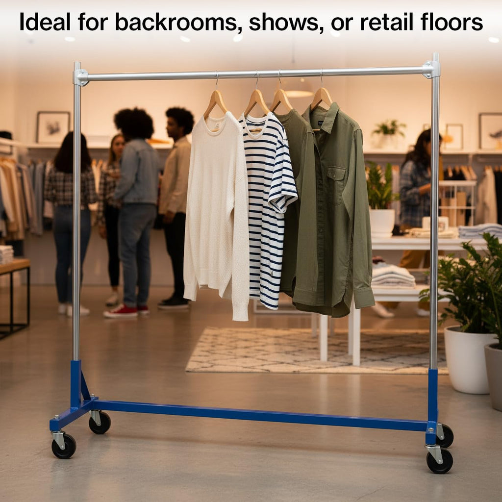 SSWBasics Super Heavy-Duty Single-Rail Clothing Rack (Z-Truck Rolling Rack) - 63'W X 24'D X 66'H (Holds 500lbs) - Sturdy Heavy Duty Clothing Rack Z Truck Garment Rack for Retail, Thrift, Boutique,