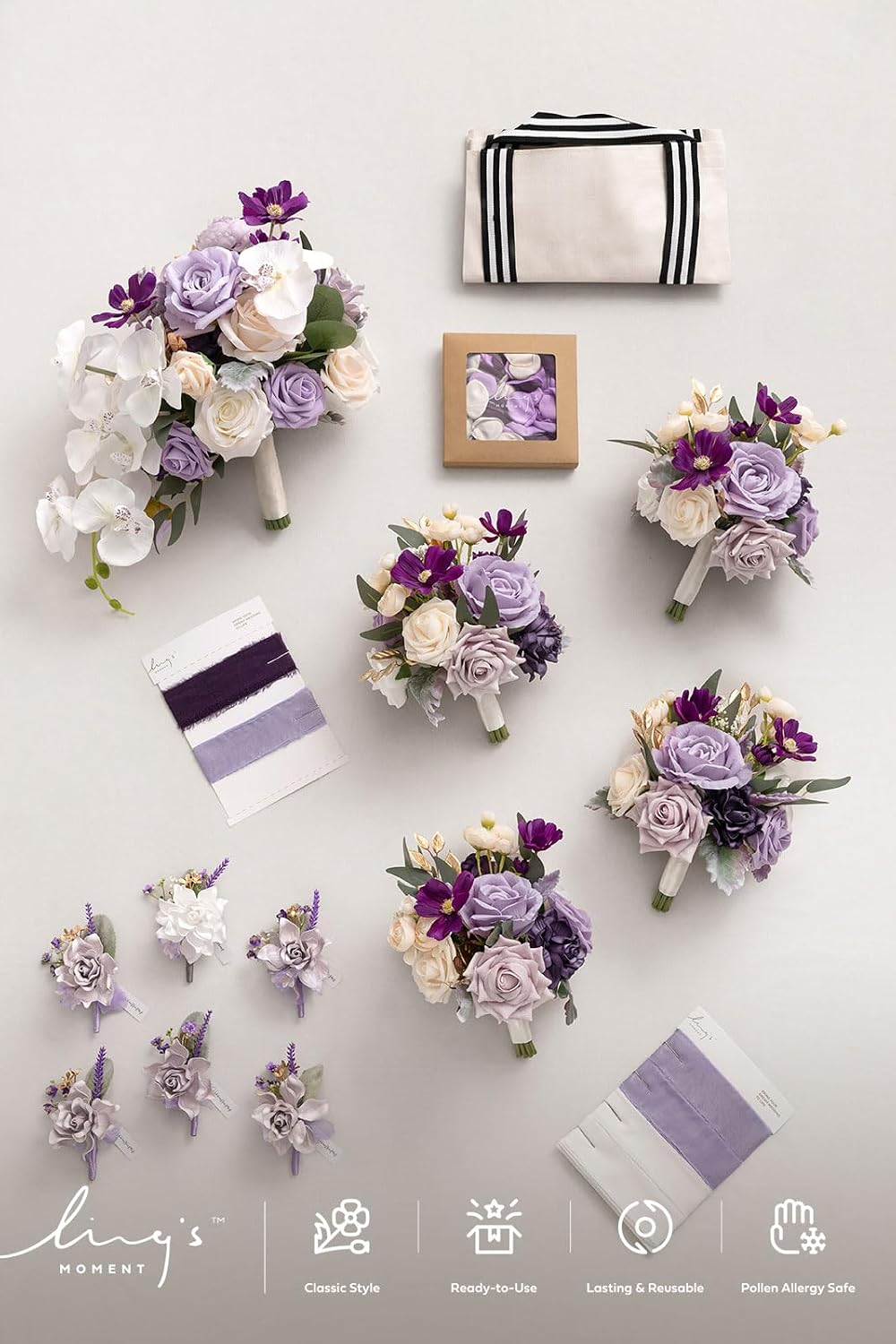 Ling's moment Wedding Artificial Flowers Package, Bridal Bouquet, Bridesmaid Bouquets, Boutonniere for Men, Rose Petals.Sage Orchid Purple Cream