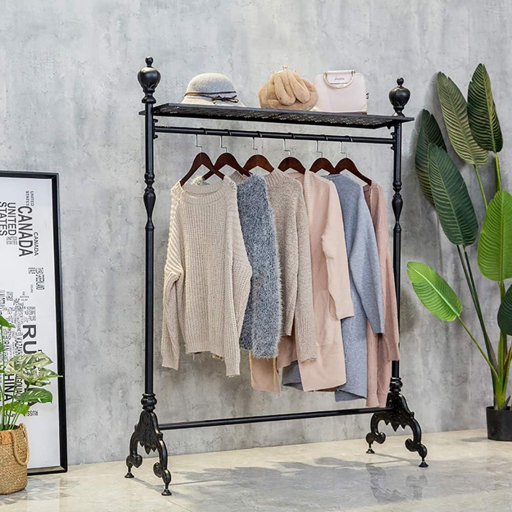 Vintage Iron Pipe Garment Rack, Floor-Standing Garment Hanger with Storage, Clothes/Shoe/Bag Organizers Display Stand, Garment Shelf for Retail Stores