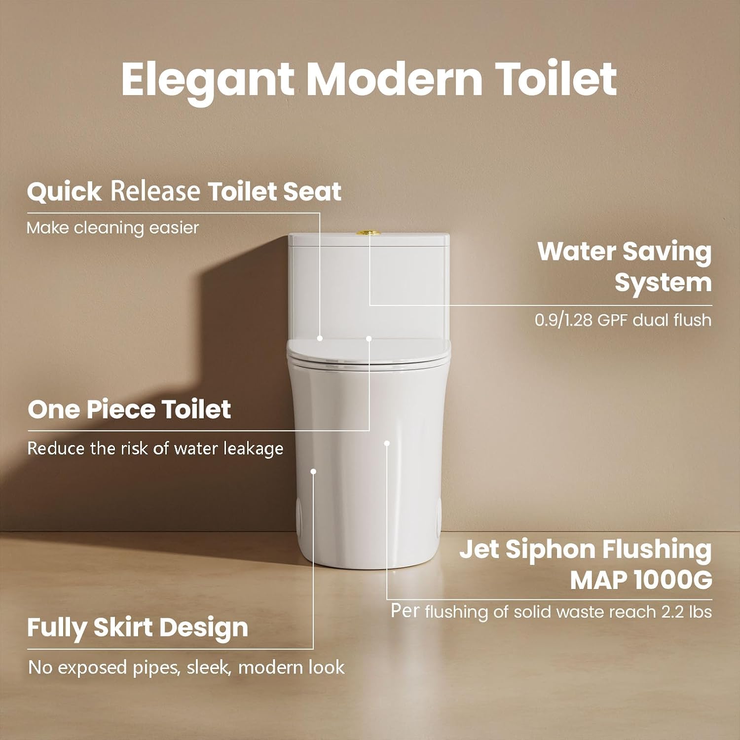 One Piece Sleek Modern Toilet, 17' ADA Comfort Chair Height Seat, Dual Flush 0.9/1.28 GPF, MAP 1000g, 12' Rough-In, Compact Fully Skirted Round Toilet for Bathrooms, Gold Button